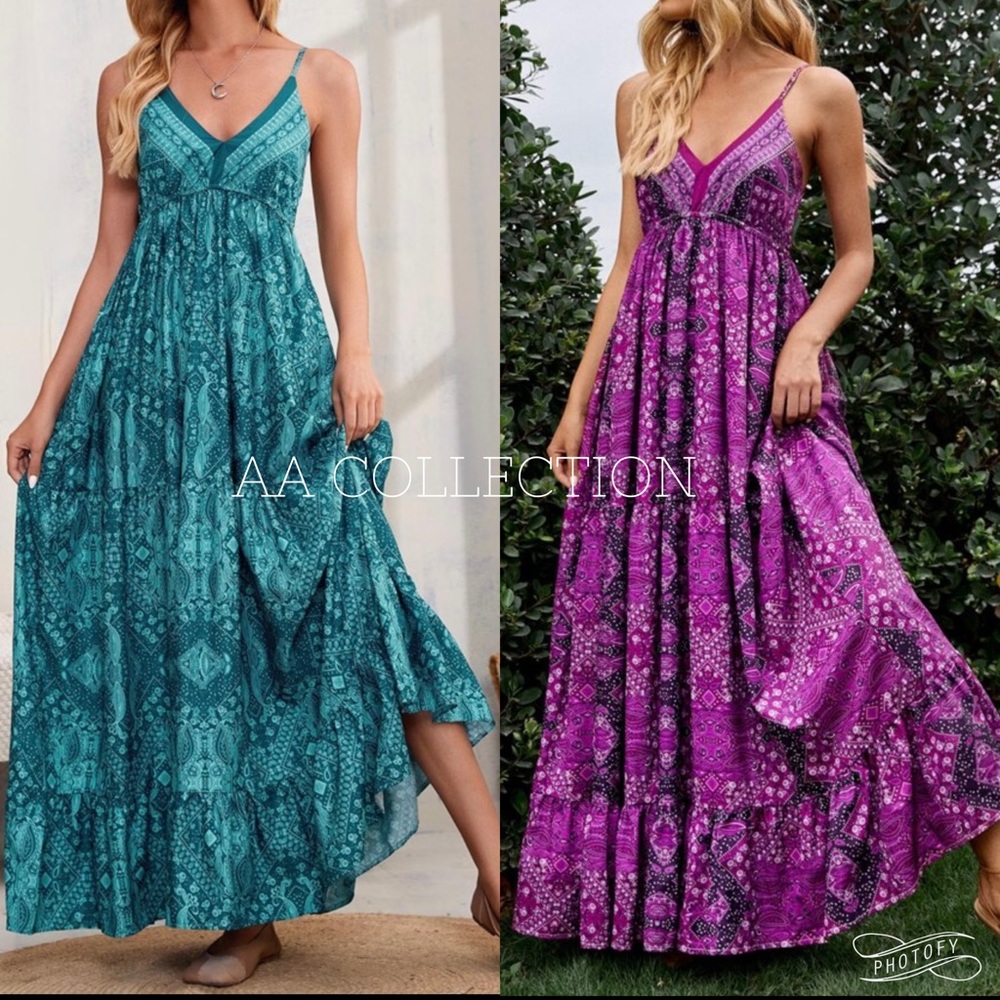 Bohemian Boho Gypsy Ruffle Cami Maxi Dress - Picture 3 of 12